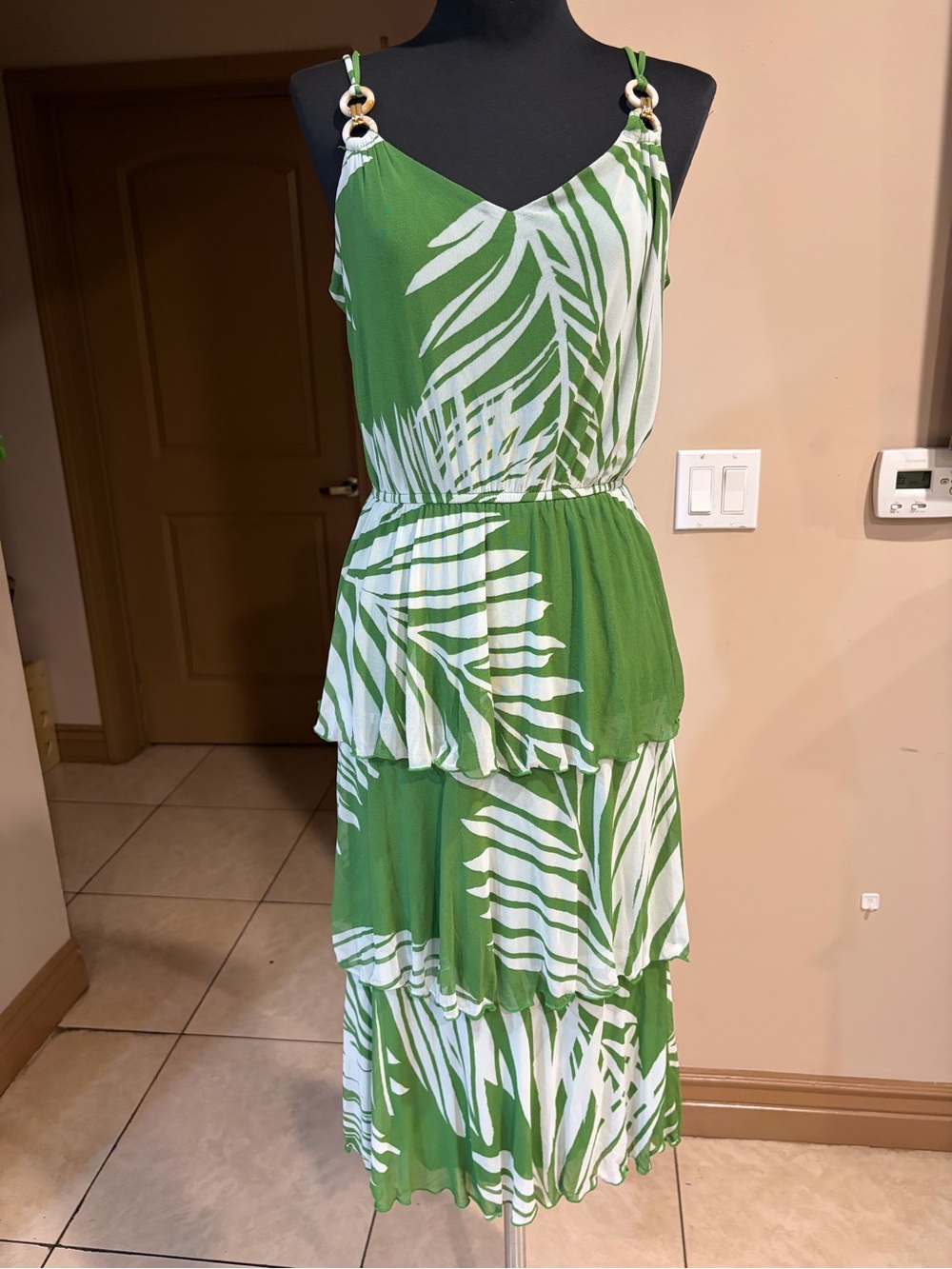 Green Palm-Print Tiered Midi Dress with Ring-Strap Detail